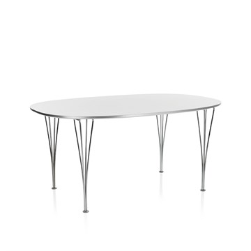 Super-Ellipse spisebord i hvid laminat og forkromede ben